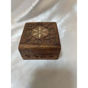 Vtg Square Ornate Carved Teak Wood Box hinged Jewelry Trinket Box  3x3" India